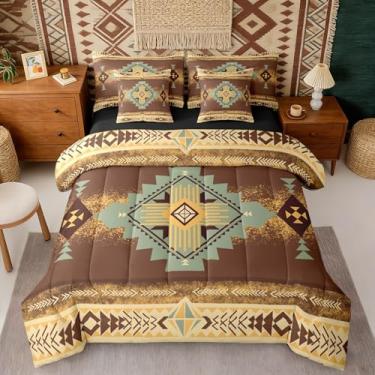 Imagem de Castle Fairy Jogo de lençol King com edredom asteca reversível, boêmio do sudoeste, étnico, vintage, geométrico, marrom, amarelo, lençol com elástico e lençol de cima