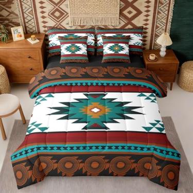 Imagem de Castle Fairy Jogo de lençol King Boho Western Aztec reversível, estilo nativo americano, branco, verde, vermelho, tribal, nativo com edredom, lençol com elástico e lençol de cima