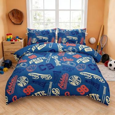 Imagem de MWMWMW Conjunto de edredom de beisebol para meninos, tamanho Queen, conjunto de cama esportivo de beisebol azul com 2 fronhas, roupa de cama de microfibra macia para crianças e meninos, uso em todas