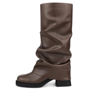 Imagem de Ziheels Botas femininas dobráveis, cano médio, cano médio, 5 cm, salto grosso, bico quadrado, sem fecho, bota plissada empilhada, Chocolate, 36