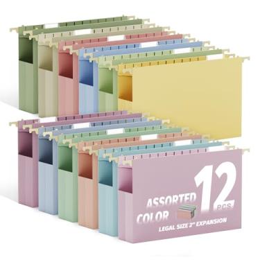 Imagem de Ansook Pastas de arquivo suspensas tamanho legal, capacidade extra, pastas de arquivo de plástico de expansão de 5 cm para uso pesado, com abas, pacote com 12 pastas de arquivo pastel, organizador de