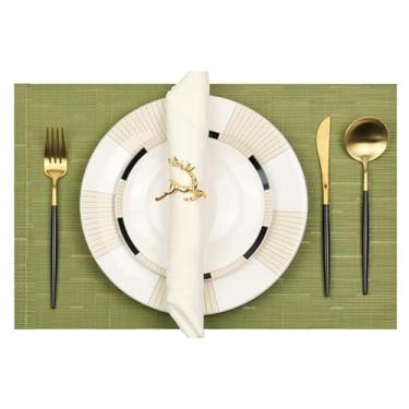 Imagem de DYLQYL Jogo americano conjunto de 4 tapetes de mesa de vinil laváveis – tapetes de mesa resistentes ao calor e antiderrapantes para refeições internas/externas (4, textura de bambu verde-D)