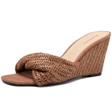 Imagem de ReneChristine Pantufas femininas de tecido com salto sem cadarço, confortável, para noite, sapatos de bico quadrado, salto de 8,4 cm, Marrom, 40