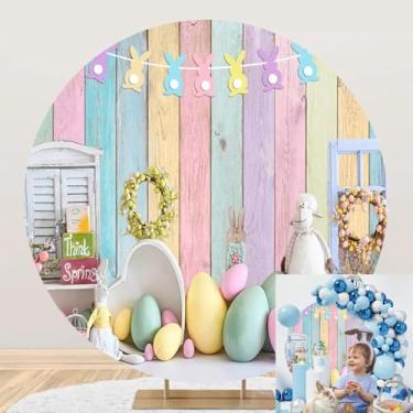 Imagem de OERJU Capa de fundo redonda de Páscoa, primavera, Páscoa, para fotografia, ovos de coelho, fundo redondo, madeira colorida, rústico, aniversário, chá de bebê, dia de Páscoa, decorações de festa de