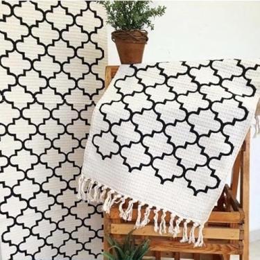 Imagem de Kit Passadeira Cozinha 3 Peças Tapete Geométrico Antiderrapante Tecido Absorvente Decoração Casa (GEOMÉTRICA)