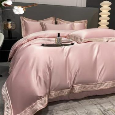 Imagem de Conjunto de cama simples em algodão branco com bordado, incluindo capa de edredom de casal, lençóis e fronhas, na cor rosa, com lençol de baixo de 1,5 MB.