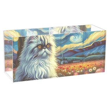 Imagem de TSENQUE Porta-lápis personalizado de desenho animado para mesa, gato fofo, noite estrelada, floral, caneta, organizador de acrílico e copos de lápis