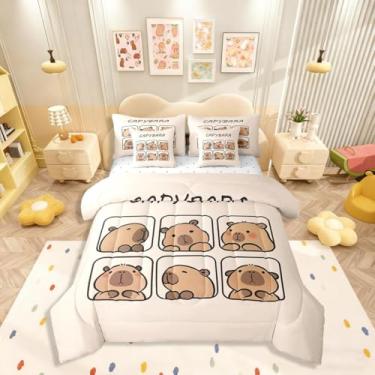 Imagem de Erosebridal Jogo de cama King Size Capybara, 7 peças, cama de animal fofo em uma bolsa, conjunto de cama para amantes de capivara, inclui edredom, conjunto de lençóis, fronhas e fronhas para todas as