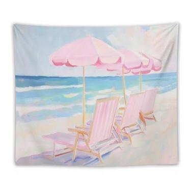 Imagem de Guarda-sóis de praia rosa cadeiras tapeçaria de parede costal decoração de verão pastel arte do oceano para sala de estar quarto pátio relaxante náutico pendurado acento encantador espaços praianos 50