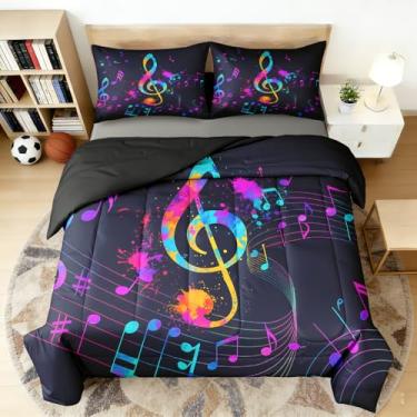 Imagem de Yadangxiawa Conjunto de edredom com nota musical para crianças, solteiro, para adolescentes, tema musical, com colcha e fronha (solteiro)
