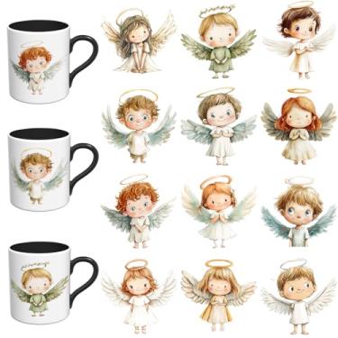 Imagem de Elewins 12 peças de decalques de transferência DTF UV de anjo fofo para garrafas de água de canecas de café, filme de descascar e colar apenas para superfícies de caderno de cerâmica de vidro liso
