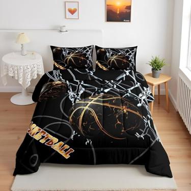 Imagem de Manfei Conjunto de edredom de basquete 3D, solteiro, para decoração de quarto de crianças, meninas, meninos, moderno, preto, dourado, edredom, 2 peças com 1 fronha