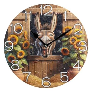 Imagem de GAIGEO Relógio de parede analógico decorativo operado por bateria relógio de cozinha rústico, sala de estar, decoração de parede moderna, burro marrom engraçado, fofo, 25 cm, ponteiros dourados