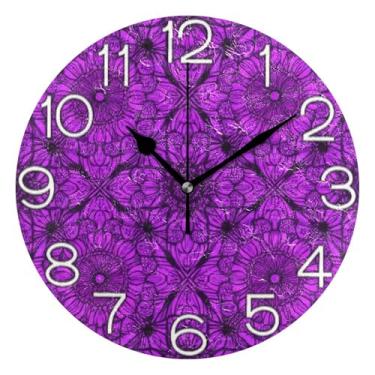 Imagem de GAIGEO Relógio de parede decorativo analógico operado por bateria relógio de cozinha fofo, decoração de sala de estar arte moderna impressão roxa estética, 25 cm, ponteiros dourados