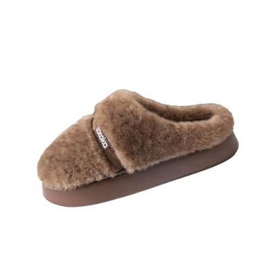 Imagem de Pantufas femininas casuais versáteis forradas com lã com sola grossa para aquecimento interno e externo durante os dias de outono e inverno, Café, 38