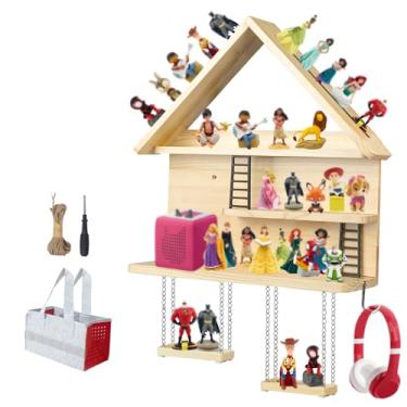Imagem de WodGod Prateleira magnética em forma de casa para Tonies, prateleira de madeira de 3 camadas com tiras magnéticas, assentos giratórios, organizador de armazenamento compatível com Toniebox, ferragens