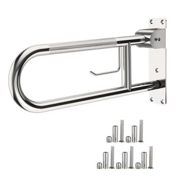 Imagem de Munzong Barra de Apoio para Vaso Sanitário 22,4" Cromada, Barras de Apoio Antiderrapantes para Deficientes com Suporte de Papel, Barras de Segurança Dobráveis para Banheiro, Corrimãos de Suporte Serri