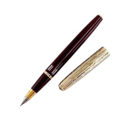 Imagem de AXPTI Caneta-tinteiro com tampa dourada e pedra azul dupla, pistão a vácuo, canetas, presente, artigos de papelaria, material de escritório escolar (vermelho escuro, tampa listrada)