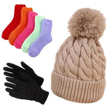 Imagem de Kit Touca Forrada Meia Térmica Luva lã preta Feminina  5 peças - Mi Am