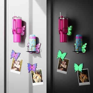 Imagem de Hyggepolar Suporte magnético de borboleta luminosa para geladeira, organizador de copos Stanley de metal revestido de PE atualizado com porta-copos magnético que brilha no escuro e suporte adesivo