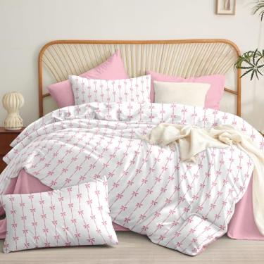 Imagem de Bildenly Conjunto de edredom casal branco - conjunto de cama com laço rosa, 3 peças, edredom casal, macio e leve (199 x 230 cm) para meninas de todas as estações e 2 fronhas (76 x 50 cm)