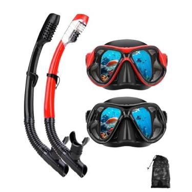 Imagem de DIPUKI Conjunto de máscara de snorkel para adultos, máscara de mergulho, máscara de mergulho com snorkel seco, óculos de natação, máscara de mergulho, cobertura do nariz, para jovens livre de mergulho (preto + vermelho (pacote com 2))