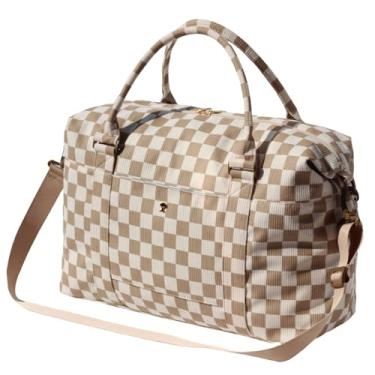 Imagem de ESVAN Bolsa de viagem para academia, bolsa de mão para o fim de semana, bolsa tiracolo com bolso molhado e manga de carrinho atualizada, Grade de veludo cotelê, Tendência