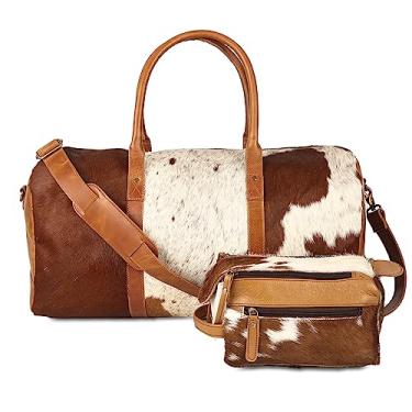 Imagem de Bolsa de viagem de couro para homens e mulheres, bolsa de viagem ocidental para fim de semana, bolsa esportiva, academia, noturna, couro de vaca com bolsa de higiene pessoal, kit de presente masculino