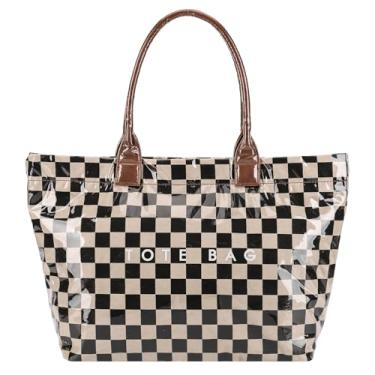 Imagem de Lushandy Bolsa feminina quadriculada de PVC com zíper, bolsa de ombro grande leve para carregar todas as bolsas Hobo para o trabalho, Lona-marrom 2, One Size