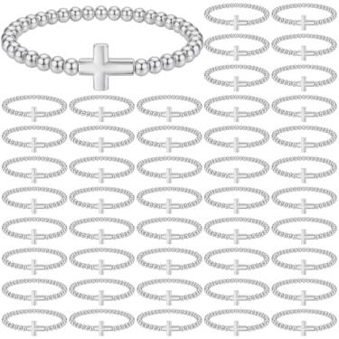 Imagem de Hinly 48 pulseiras cruzadas, presentes para mulheres, pulseiras cristãs com contas elásticas, joias de Jesus para festas religiosas, circumference 18cm/7.1inch, liga metálica, Sem Pedra Preciosa
