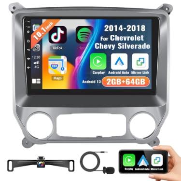 Imagem de Estéreo automotivo Android de 2 + 64 G para Chevrolet Silverado GMC Sierra 2014-2018, sem fio CarPlay e rádio automotivo Android, suporta navegação GPS, Bluetooth, tela sensível ao toque de 25,5 cm