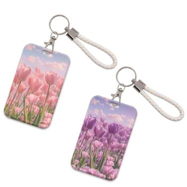 Imagem de 2 peças porta-crachá de identidade de tulipa fofo com chaveiro, porta-cartão de identificação de flores, porta-chaves, cartão e foto, capa protetora de plástico rígido para mulheres, meninas, crianças
