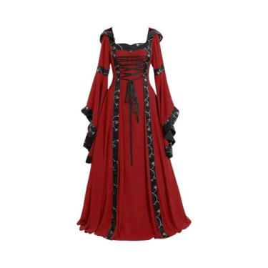 Imagem de Vestido retrô medieval europeu e americano com capuz, gola quadrada, m