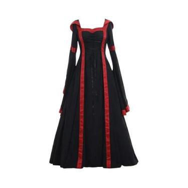 Imagem de Vestido retrô medieval europeu e americano com capuz, gola quadrada, m