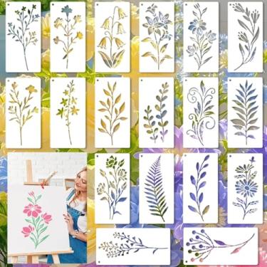 Imagem de Ksheria 18 peças de estênceis reutilizáveis de flores e folhas para pintura – modelos de desenho botânico à prova d'água para parede, madeira, tela, tecido, decoração de casa, artesanato, materiais de