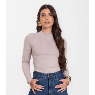 Imagem de Blusa Manga Longa Feminina Canelada Select Bege, G, Bege