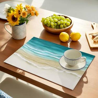 Imagem de Jogo americano conjunto de 6, tapete de mesa antiderrapante com tema de praia turquesa abstrato, bege, impermeável, ondulado, linho, lavável, para cozinha, jantar, ambientes internos e externos