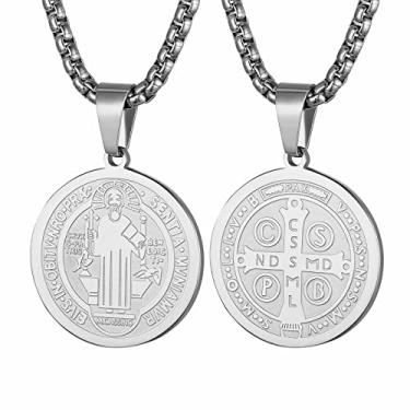Imagem de STWTR Colar de medalha de São Bento de aço inoxidável, medalha de sacramento cristão, joia anti-mal, presentes católicos para homens e mulheres, Aço inoxidável