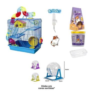 Imagem de Gaiola Hamster Luxo Azul Banho Seco Globo Torta + Bebedouro - Jel Plas