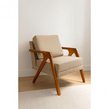 Imagem de Poltrona Mona Luxo Madeira Maciça Linho Bege Para Sala De Estar Decorativa Moderna