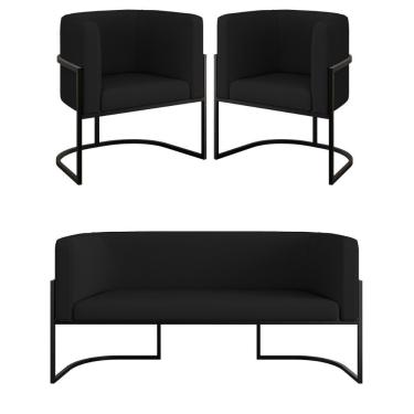 Imagem de Kit Sofá 2 Lugares + 2 Poltronas Corino preto Preto