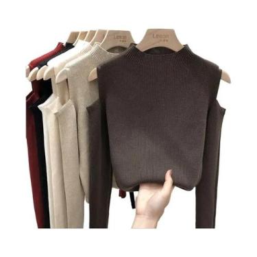 Imagem de Suéter Feminino De Tricô Com Manga Longa E Gola Alta, Pulôver Off-Shou