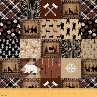 Imagem de Bear Fabric by The Yard Cute Elk Print Decorativo Impermeável Exterior Tecido para Cadeiras Xadrez Grade Geométrica Marrom Preto 1 jarda