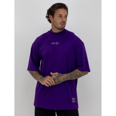 Imagem de Camiseta Oversized Gola Alta Aplique Assinatura Streetwear Confortavel Masculina Roxo-Masculino