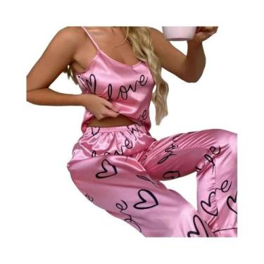 Imagem de Conjunto de Pijama Feminino Sexy de Cetim - Decote V, Sem Mangas, com 