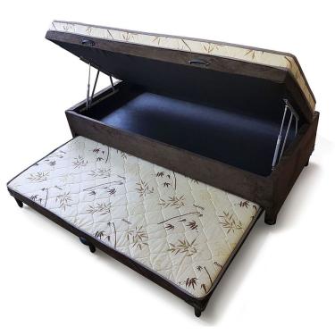 Imagem de Cama Box Baú Solteiro Conjugado Espuma Com Cama Auxiliar Bicama 3 Em 1 Suede Marrom