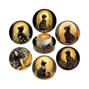 Imagem de Conjunto De Porta-Copos De Madeira Black Cat Night 6 Peças, Resistente