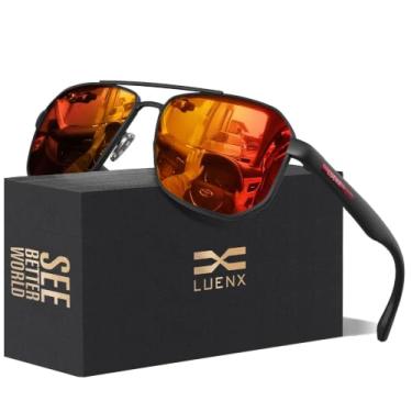 Imagem de LUENX Óculos de sol aviador para homens, lentes polarizadas quadradas, polígono - proteção UV 400 com acessórios 61 mm para dirigir ao ar livre, Lente vermelha laranja/armação preta fosca e braço,