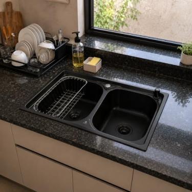 Imagem de Cuba Dupla Gourmet Cozinha Aço Inox 304 Preta 78x43cm
