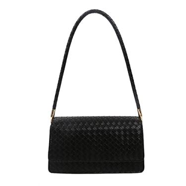 Imagem de Bolsa feminina de ombro de couro com aba moderna casual bolsa de axilas retrô clássica elegante bolsa de mão, Preto